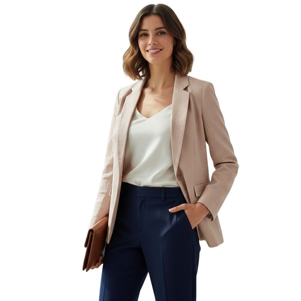 Dalia Beige Linen Blend Blazer Jacket Single Button Notch Lapel Classic Size M